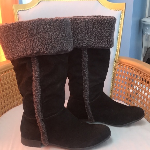 Rampage  Carissa black velvet gray faux fur fold over knee high boots  size 7 - Picture 11 of 12